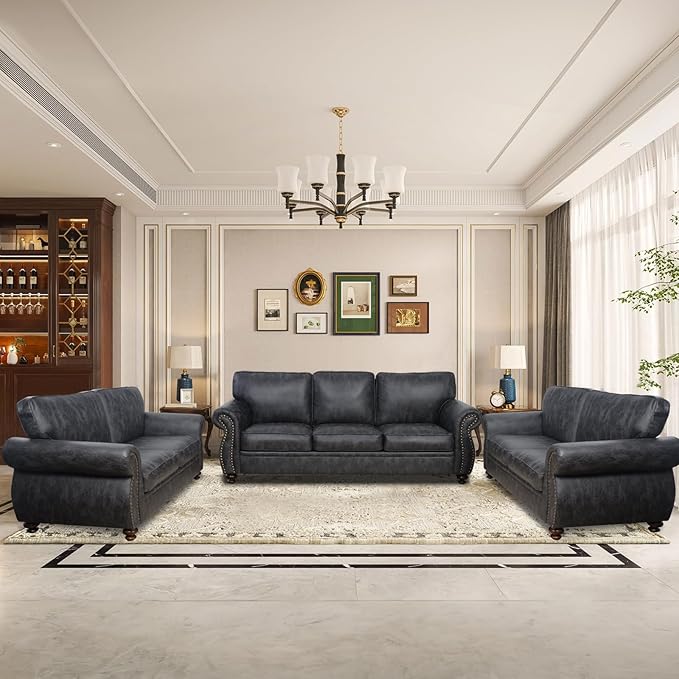 Couchus Living Room Furniture Sets,Sofa Sets and Couch Sets for Living Room,Mid-Century Vintage Sofa Couches with Rivet Design (Grey, 2 Loveseat+3 Seater)