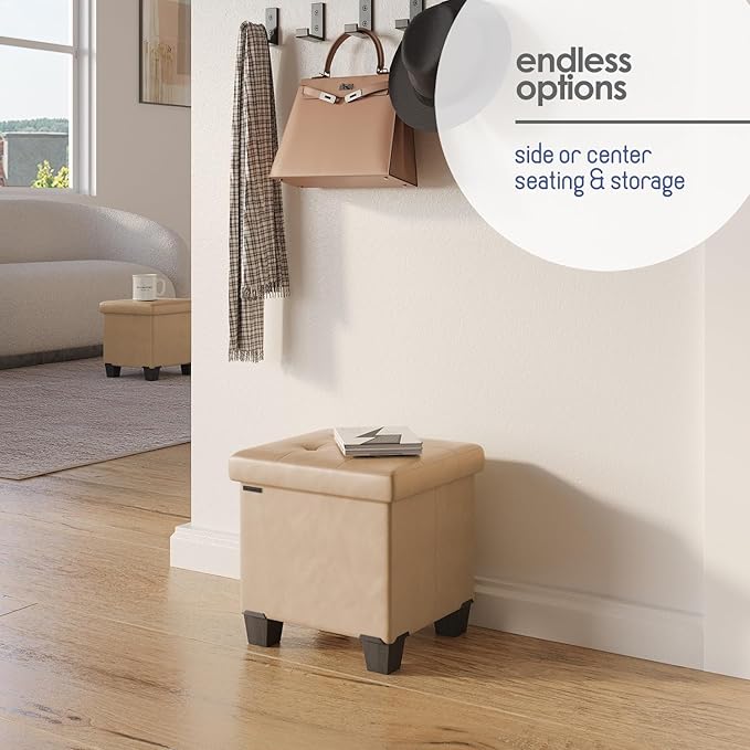 Storage Ottoman Cube with Small Bin, 16-in Square Ottoman with Storage for Living Room and Bedroom, Small Ottomans Foot Rest, Faux Leather Foot Stools Ottomans Max 330lbs, Taupe