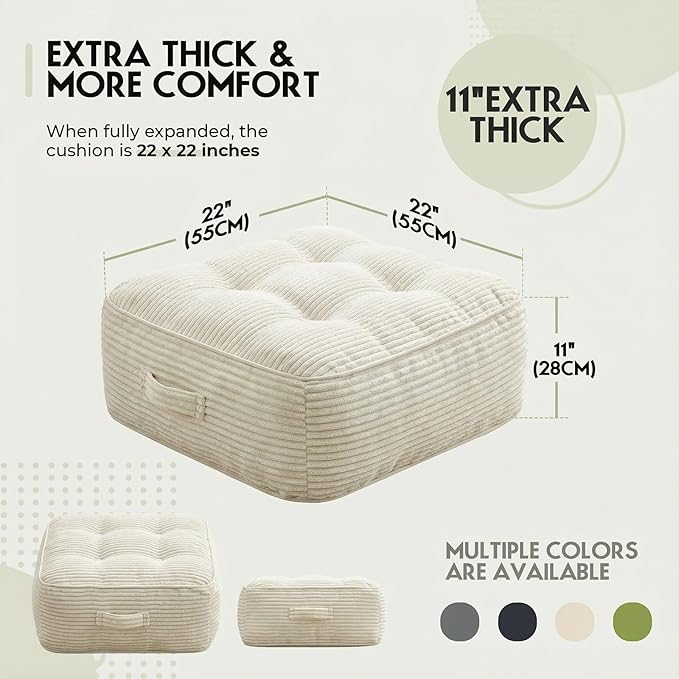 11In Washable Floor Pillow for Adults, Yoga & Meditation Cushion with Handle, Square Large Pillows Seating with Removable Tufted Corduroy Cover for Tatami Living Room Board Games, Cream