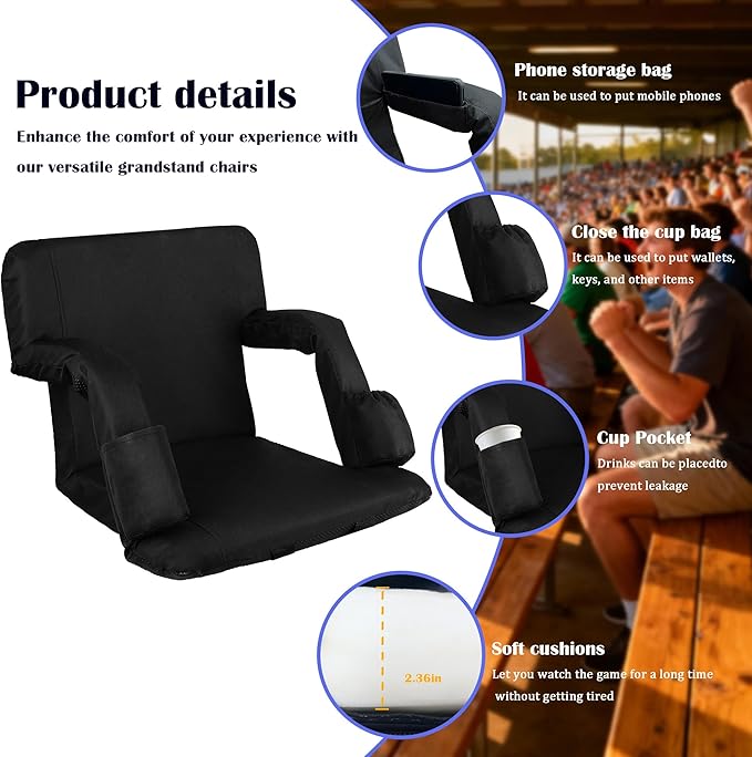 Anmiro Stadium Seats with Back Support Bleacher Chairs with Back and Extra Wide Cushion Thick Padded Bleacher Portable Reclining Seats for Football, Baseball and Basketball (Black, Small)