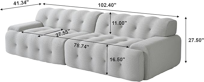 102.4inch Modular Sectional Couch,Oversized Loveseat Sofa, 3D Mesh Fabric Comfy Cloud Sofa Couches, Curved Couch for Living Room, Office, Apartment,No Assembly Required (Light Grey, 102.4")