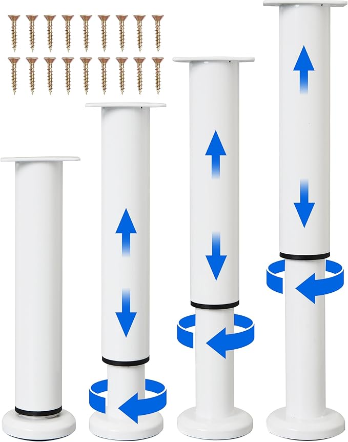 Olldag 4 PCS Adjustable Height Bed Support Legs [with 18PCS Screws] for Bed Frame/Bed Center Slat, Heavy Duty Furniture Replacement Legs 7.08-12.2 inch for Sofa/Cabinet/Couch/Dresser/Table (White)