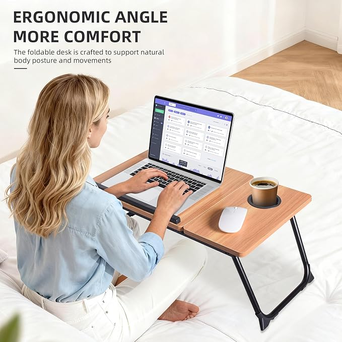 Adjustable Wooden Lap Desk with Flexible Stand, Natural Oak Color, Portable Workstation with Cable Management, Ergonomic Design for Home Office (Wood)