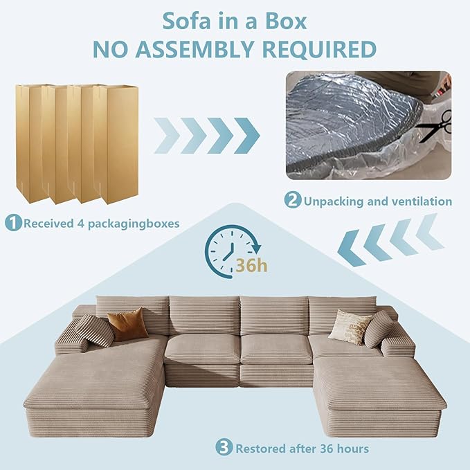 136" Cloud Sectional Couch with U-Shaped Chaise,Corduroy Viral Boneless Sofa with Ottoman,Memory Foam Couches in a Box with Deep Seat for Living Room,No Assembly Required (Camel,Left-Facing Chaise)