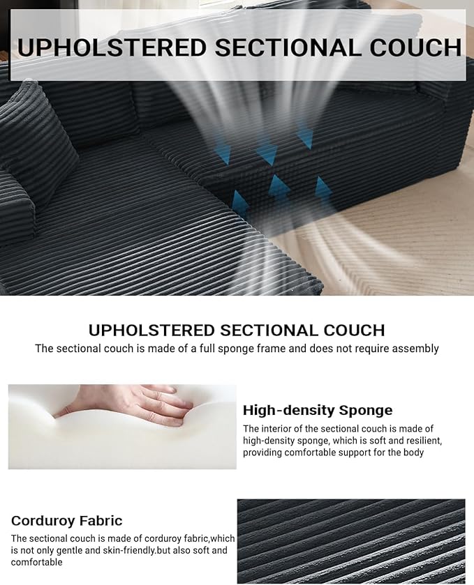 Vanress Cloud Couch Sectional, Corduroy Boneless Couch with L-Shape Chaise, Modern Modular Sectional Sofa Comfy Deep Seat for Living Room, Bedroom, No Assembly (Dark Grey, Left Facing Chaise)