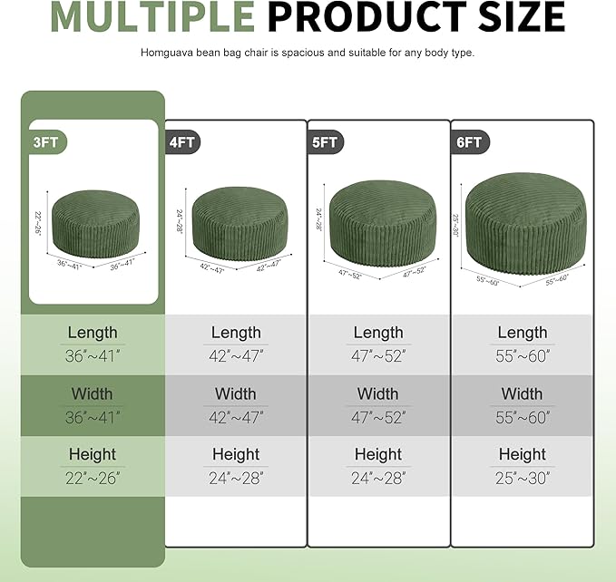 Homguava 3 FT Bean Bag Chair,3' Big Bean Bag,Large Bean Bag Chairs for Adults with Memory Foam Filled,Comfy Beanbag Chairs Soft Bean Bag Sofa with Dutch Corded Plush Cover-Green
