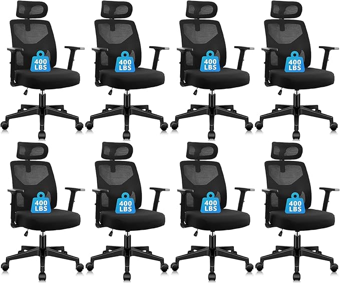 CLATINA Heavy Duty Ergonomic Office Chair 400LBS, Big and Tall Desk Chair with Adjustable Lumbar Support Mesh Back & Headrest, Swivel Computer Task Chair with 3D Arms for Home, Conference, Black, 8PCS