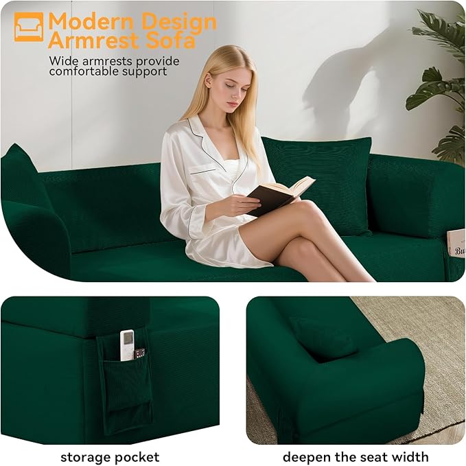 GJQ 3 Seater Boneless Couches for Living Room,Corduroy Couch with 2 Pillows & Storage,Memory Foam Couch in a Box,Compressed Floor Sofa with Armrests,No Assembly Required Cloud Sofa,Green
