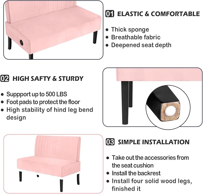 STHOUYN Mini Small Comfy Couch Armless Loveseat Sofa for Bedroom with USB Port, Velvet Couches for Small Spaces Living Room, Apartment Office Dorm (Pink)