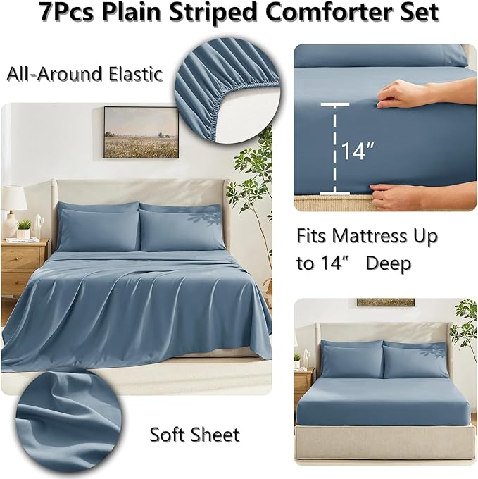 CozyLux Full Size Comforter Sets Mineral Blue, 7 Pieces Bed in a Bag, Blue Comforter Full Size, All Season Bedding Sets with Stitch Quilted Comforter, Flat Sheet, Fitted Sheet, Pillowcases