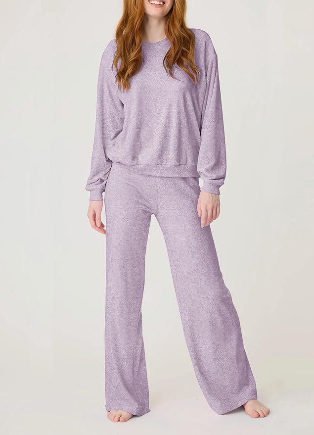 Aamikast Women's 2-Piece Lounge Set Soft Brushed Jersey Sleepwear Pajamas Set Long Sleeve Top & Wide Leg Pants