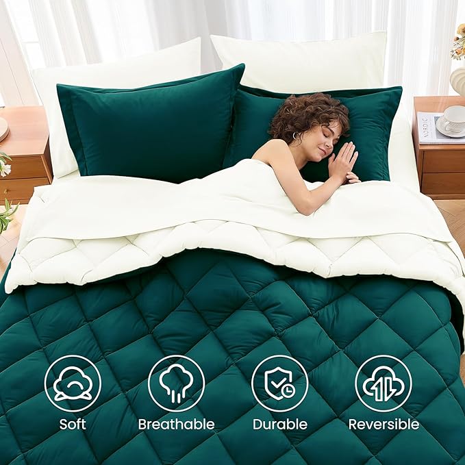 MUXHOMO 7 Pieces Full Comforter Set, Reversible Bed in a Bag Full Size, All Season Bedding Set with Comforter, Flat Sheet, Fitted Sheet, Pillowcases & Shams, Peacock Blue & Ivory