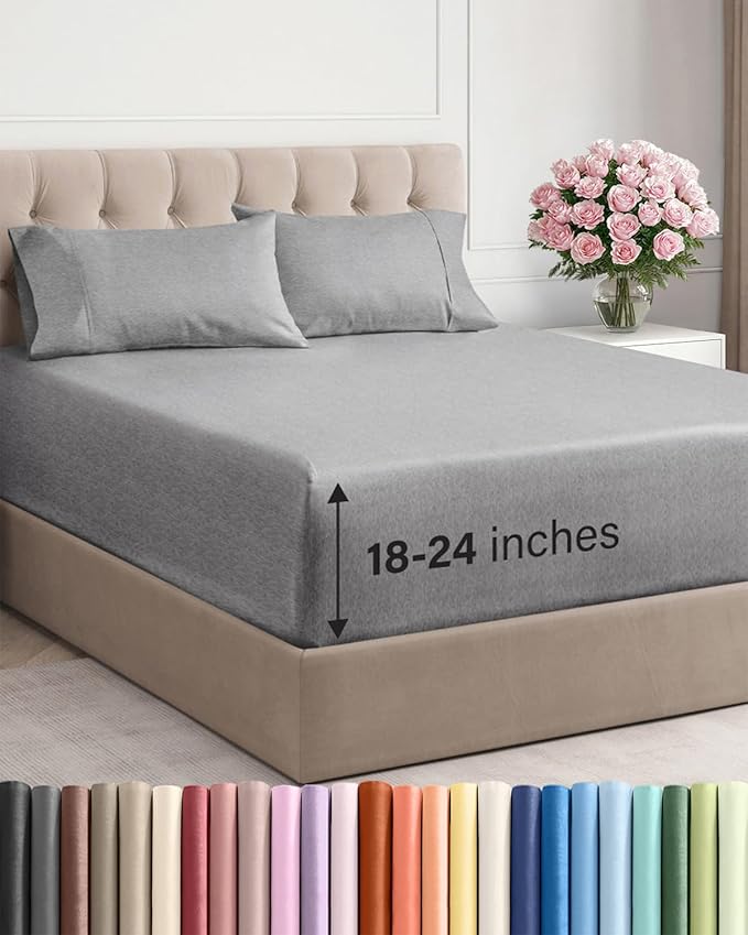 Extra Deep Pocket King Sheets - 4 Piece Breathable & Cooling Bed Sheets - Hotel Luxury Sheet Set - Soft, Wrinkle Free & Comfy - Easily Fits Extra Deep Mattresses - Deep Pocket Heathered Grey Sheets