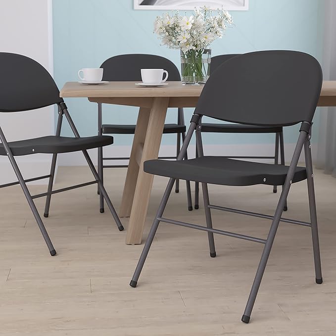 Flash Furniture 4 Pack HERCULES Series 330 lb. Capacity Black Plastic Folding Chair with Charcoal Frame