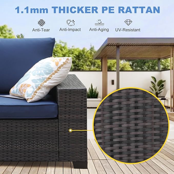 SunloungeCo Patio Furniture Set, 10 Pieces Outdoor Couch Sofa with Wider Armrests & Glass Coffee Table, Outdoor Sectional Furniture with Thick Cushions for Party, Poolside,Garden-Navy