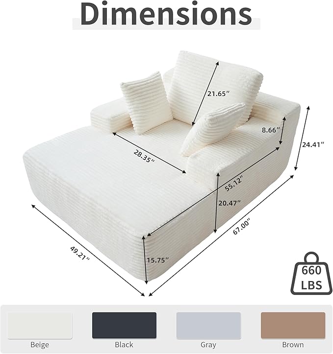 WJShome Oversized Chaise Lounge Chair Indoor, Plush Corduroy Boneless Sofa Bed, Cloud Reading Chair with Throw Pillow for Living Room (White)