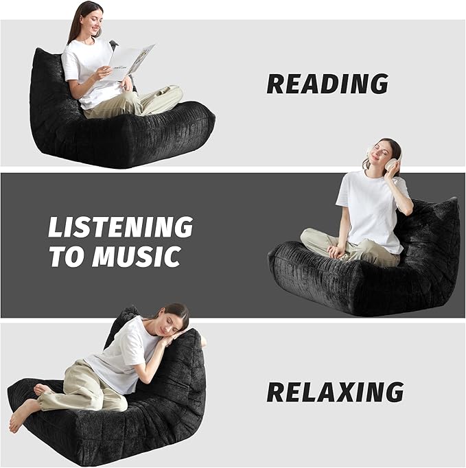 Homguava Bean Bag Chair, Giant Beanbag Chairs for Adults, Memory Foam Fireside Chair, Large Lazy Floor Sofa, Sofa Couch with High-Rebound Foam, Lounge Chair for Living Room, Bedroom (Black, Single)