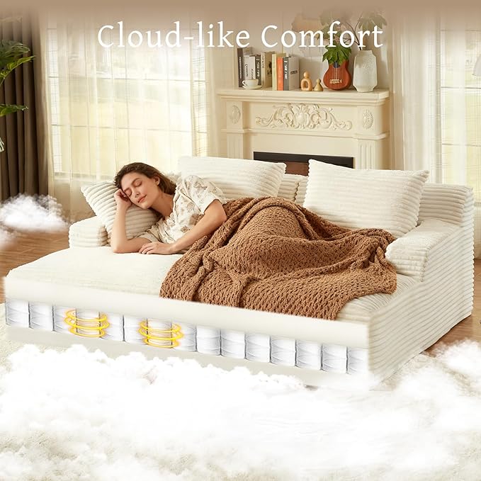 VEPXXP 80" Double Chaise Lounge Chair Indoor, Oversized Boneless Couch Comfy Upholstered Sleeper Sofa Bed with 4 Pillows, Corduroy Cloud Loveseat Chair for Living Room No Assembly Required, White