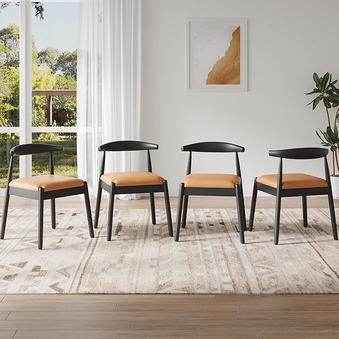 Farini Mid Century Modern Dining Chairs Set of 4, Solid Wood Frame Kitchen Chairs with PU Leather Upholstered Seat for Dining Room & Breakfast Nook,Black-Whiskey Brown