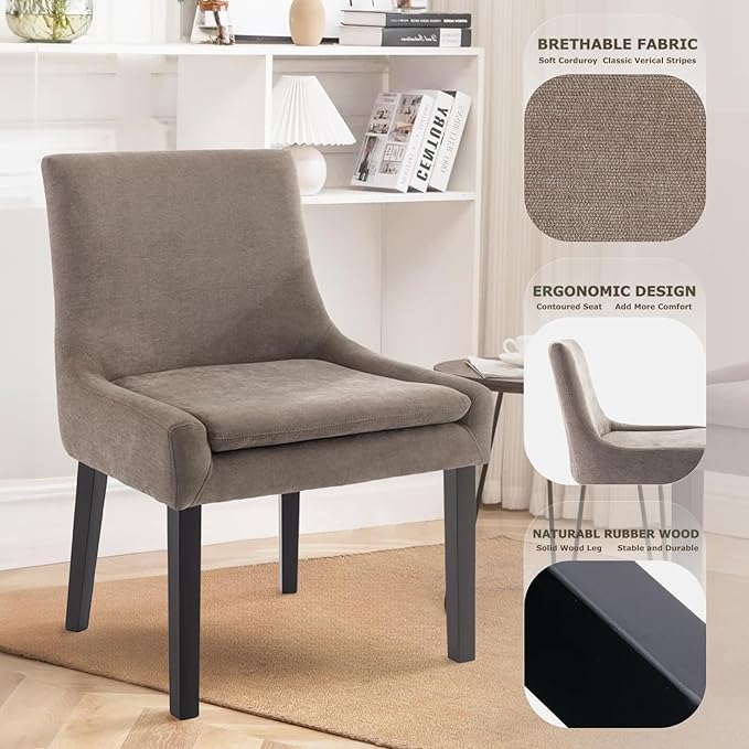 Dining Chairs Set of 2, Upholstered Corduroy Dining Room Chair with Wood Legs, Mid-Back Padded Kitchen Side Chairs for Dining Room, Camel