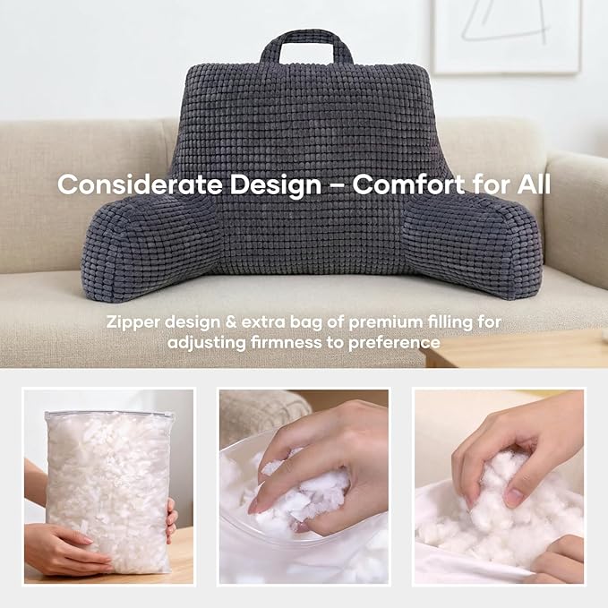 NOONTIDE Reading Pillow with Top Handle,Uniquely Designed Soft Fabric, Ergonomic Back Support for Bed,Cover Washable Sit up Pillow,Watching TV/Gaming/Relaxing(Grey)