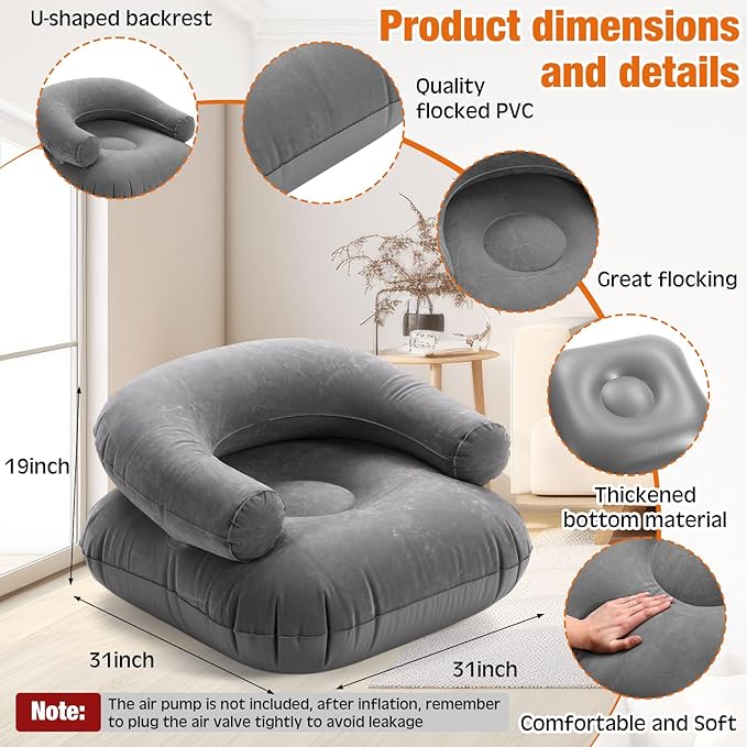 Threehoney 2 Pcs Inflatable Lounge Chair Deck Chair Lazy Sofa, Blow Up, Folding, Portable Couch for Home, Office Balcony, Floor Seating (Dark Grey)