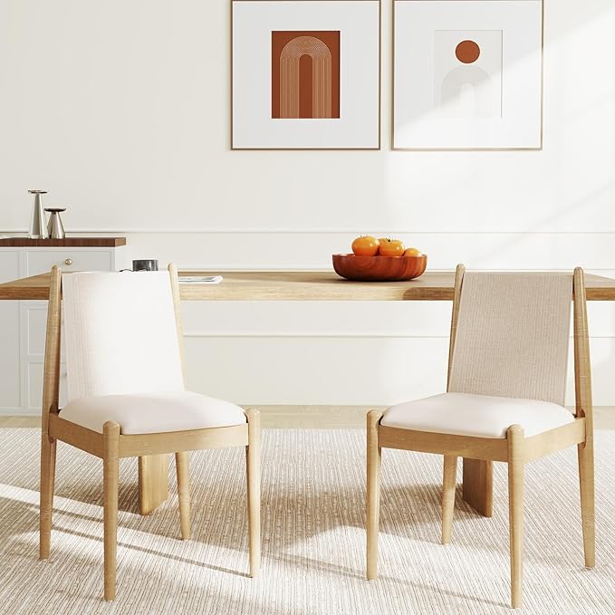 DUOMAY Upholstered Linen Beige Dining Chairs Set of 2, Wooden Armless Kitchen Chairs with Natural Legs and Sturdy Frame for Dining Room, Restaurant, Living Room