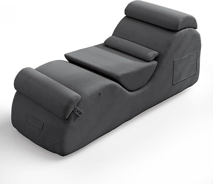 DRMBOOK Yoga Chairs for Adults, Corduroy Fabric Chaise Lounge with Headrest, Boneless Yoga Sofa Couch with Waist Cushion, Movable Footrest, Side Pockets for Relaxation Exercise Stretching (Grey)