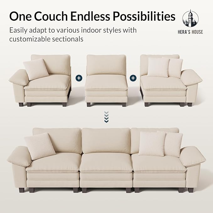 HERA'S HOUSE 124" Modular Sectional Sofa, Oversized Couches for Living Room, Comfy Cloud Couch 3-Seater Deep Seat Sofa with Throw Pillow, Chenille Beige