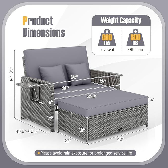 RELAX4LIFE Wicker Patio Outdoor Daybed - Rattan Day Bed Lounger with Loveseat & Storage Ottoman, Sunbed Sofa Set w/Cushions, 4-Level Adjustable Backrest & 2 Retractable Trays, Patio Daybed (Grey)