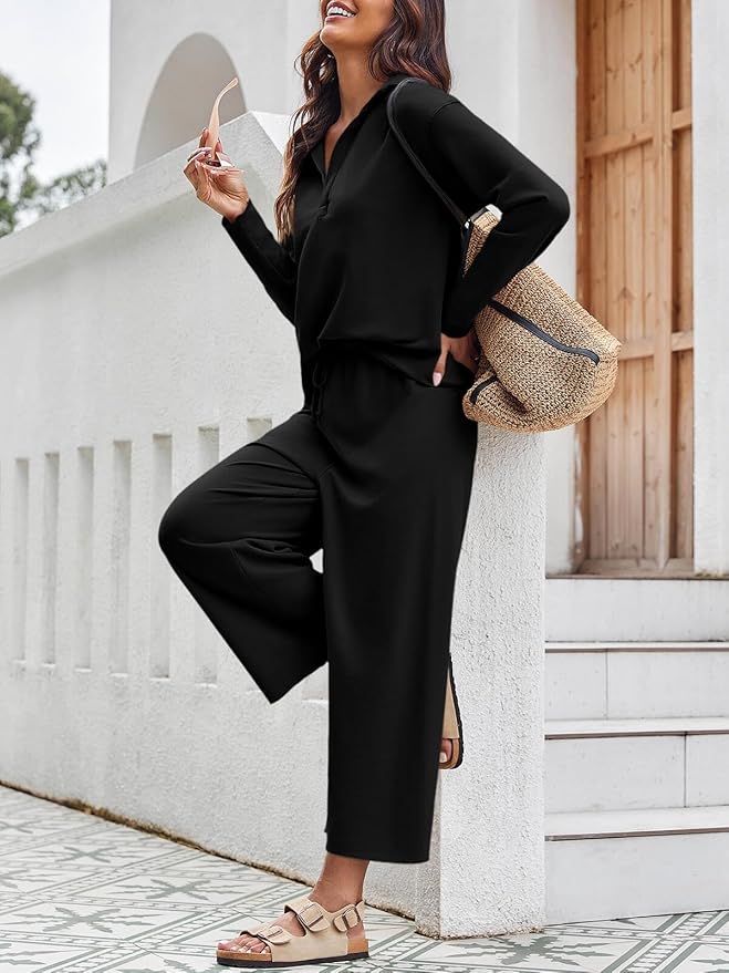 Imily Bela Womens 2 Piece Outfits Sweatsuit Long Sleeve Lapel V Neck Shirt and Wide Leg Pants 2025 Fall Trendy Tracksuit