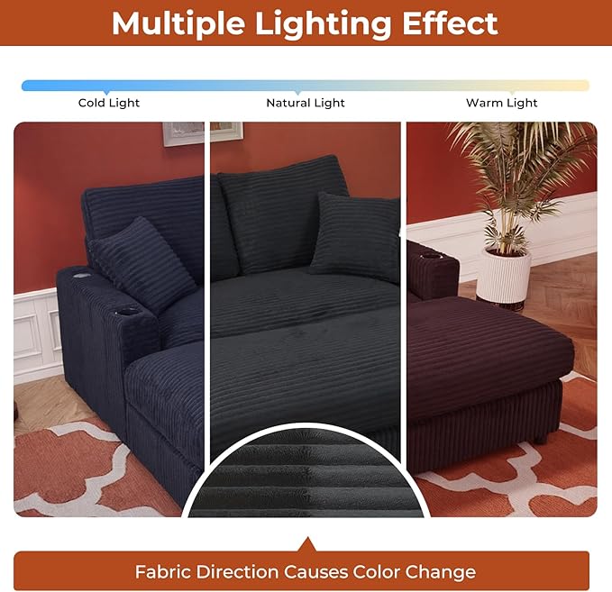65" Oversized Chaise Lounge Chair Indoor, Upholstered Sofa Bed with Pillows & 2 Cup Holders, Sleeper Couch Comfy Corduroy Recliner Chair for Living Room, Movie Room, Bedroom, Black