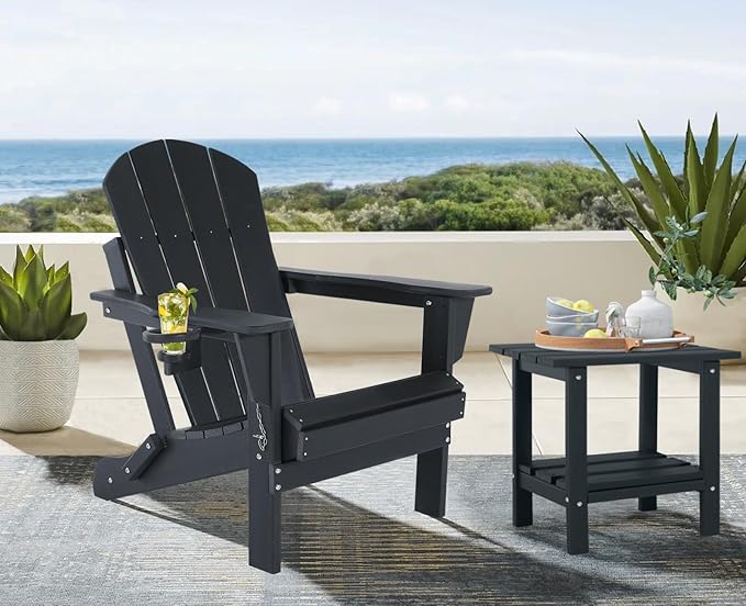 Folding Adirondack Chairs Set of 6- Plastic Adirondack Chairs with Cup Holder, Weather Resistant for Outdoor, Patio, Lawn, Garden, Backyard Deck, Fire Pit - Black