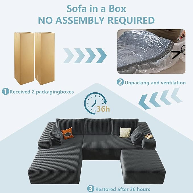 96" W Cloud Sectional Couch with Ottoman,Modern U-Shaped Cloud Couch with Deep Seat,Comfy Corduroy 3-Seater Sofa,Memory Foam Sofa for Living Room,No Assembly (Dark Grey,Left-Facing Chaise)