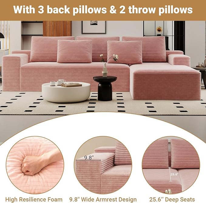 KAPEETOO Modular Sectional Sofa Cloud Couch for Living Room, Right L Shaped Boneless Couch with Chaise Longue, Oversize 3-Seater Sectional Sleeper Sofa Set with Deep Seat Bedroom (Pink)