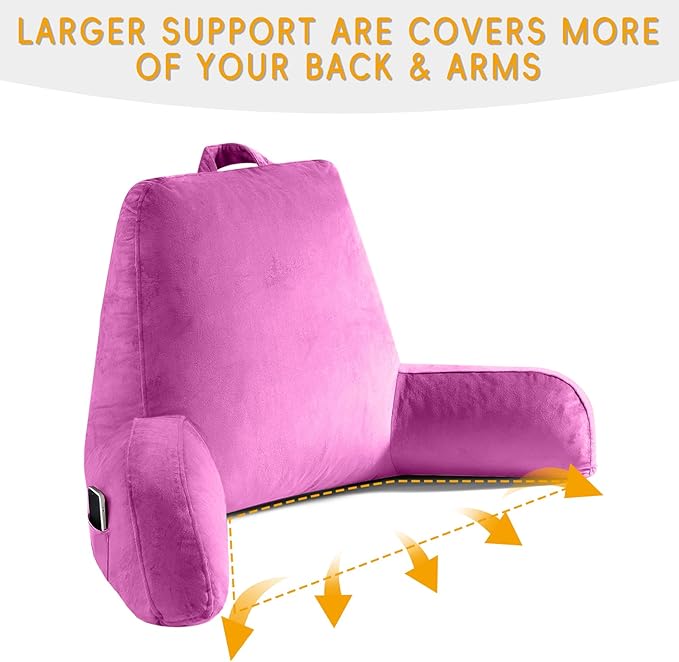 OAISZ Reading Pillow for Sitting in Bed Adult, X-Large Reading Pillow with Shredded Memory Foam, Back Pillow for Sitting Up with Extend Arms, Pockets, Bed Pillow with Washable Cover, Rose Red