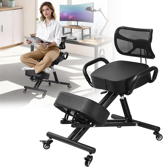 Ergonomic Kneeling Chair Height-Adjustable 32.2-36.2 in Postures Chairs with Lockable Wheels and Armrests Knee Chairs can Hold Up to 220 Lbs Kneeling Ergonomic Chair for Desk Home Meditation,Black