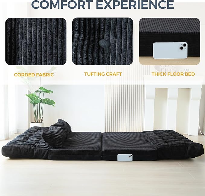MAXYOYO Bean Bag Bed Tufted Folding Sofa with Pillows - Extra Thick & Long Floor Couch Bed for Adults, Black, 54x91 Inch