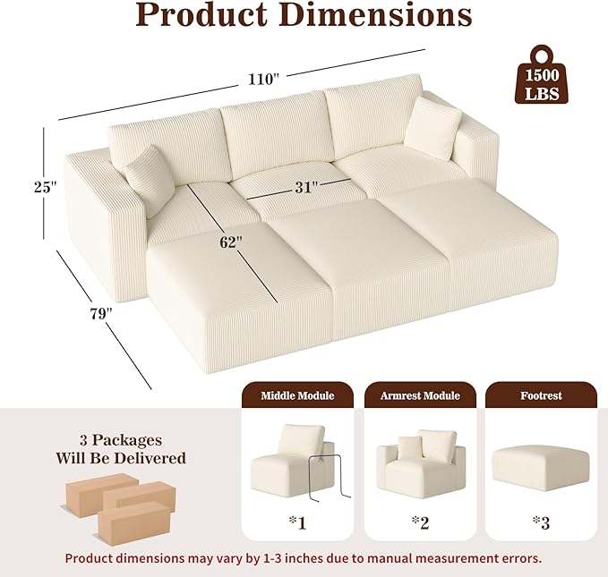 110" Modular Sectional Sofa, Cloud Couch Memory Foam Boneless Couch with Ottoman, Cozy Upholstered Corduroy Floor Couch, No Assembly Required Living Room Furniture for Apartment Home Decor, Beige
