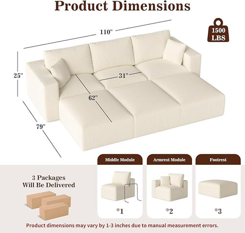 110" Modular Sectional Sofa, Cloud Couch Memory Foam Boneless Couch with Ottoman, Cozy Upholstered Corduroy Floor Couch, No Assembly Required Living Room Furniture for Apartment Home Decor, Beige