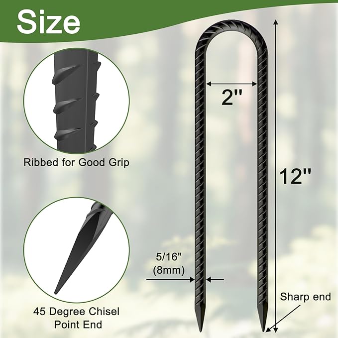 OK5STAR 12 Inch U Shaped Trampoline Stakes 8 Pack, 5/16" Diameter Heavy Duty Steel Wind Resistant Rebar Stakes, Black E-Coated Anti-Rust Ground Stakes for Trampoline, Swing Set, Bounce House Safety