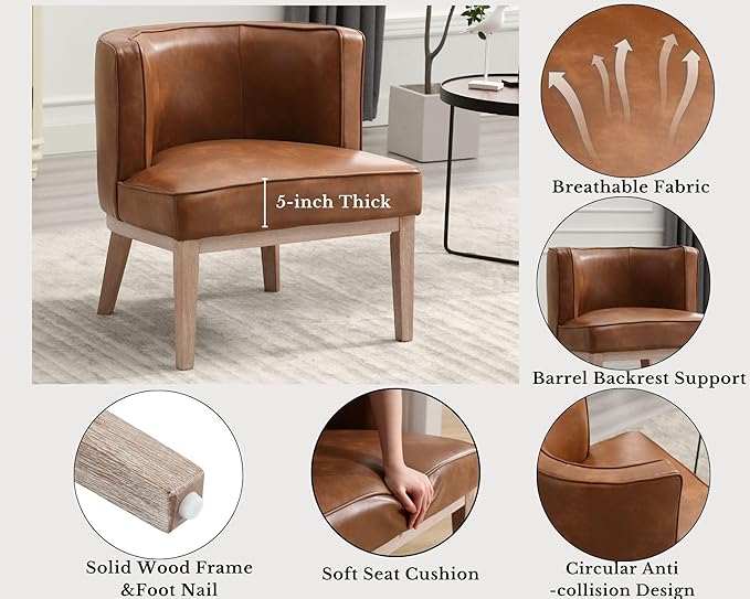 Comfy Barrel Chair Mid-Century Modern Accent Chair with Solid Wood Leg Upholstered Reading Arm Chair Faux Leather Waiting Room Round Side Chairs for Small Spaces Living Room Bedroom Office, Brown