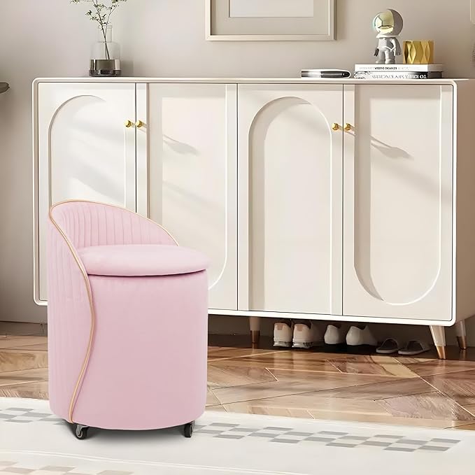 Round Storage Ottoman, Upholstered Velvet Vanity Stool with Lumbar Support, Swivel Rolling Wheels, Small Foot Stools Coffee Table Padded Seat for Makeup Room, Living Room, Bedroom (Pink)