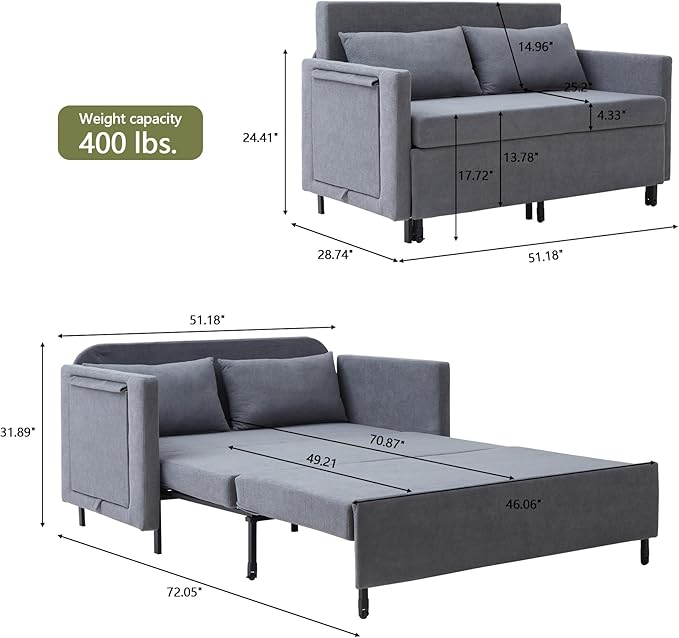 QHITTY Pull Out Couch Bed, 2-in-1 Sleeper Sofa Small Loveseat Bed with Hidden Side Table and Iron Frame for Living Room, Small Space, Apartment (Grey)