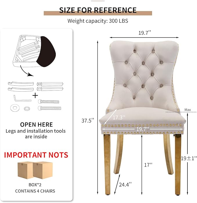 YeahFurn Mid Century Modern Dining Chairs Set of 4, Beige Velvet Upholstered Tufted Back, Kitchen & Dining Room Chairs, Gold Metal Legs, Nailhead Trim, Sillas para Comedor (Beige, 4 Pcs)