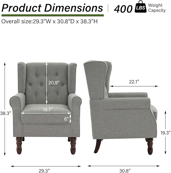 DREAMSIDEA Accent Chair, Upholstered Armchair with Button Tufted High Back & Solid Wood Legs, Comfy Wingback Reading Single Sofa Chair for Small Spaces, Living Room, Bedroom (Light Grey, Set of 2)