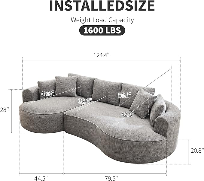 Opiesit 124" Oversized Boneless Couches for Living Room, Sectional Curved Sofa with 7 Pillows, L-Shape Boneless Couch with Deep Seat, High-Density Memory Foam, No Assembly Required, Chenille (Grey)