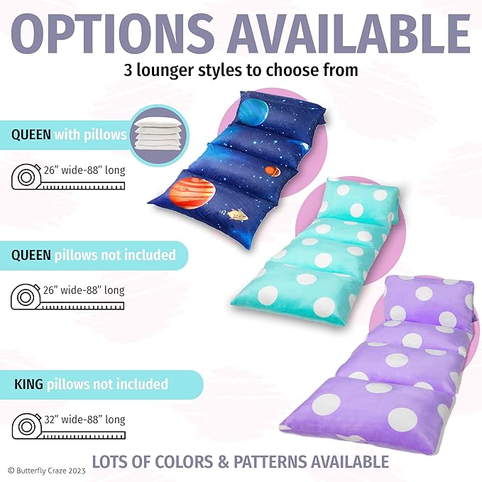 Butterfly Craze Floor Lounger Cover - Machine Washable Floor Mattress Cover - Versatile Seating & Sleeping Pad Alternative - Guest Bed Option for Sleepovers - King Size, Pink Ballerina