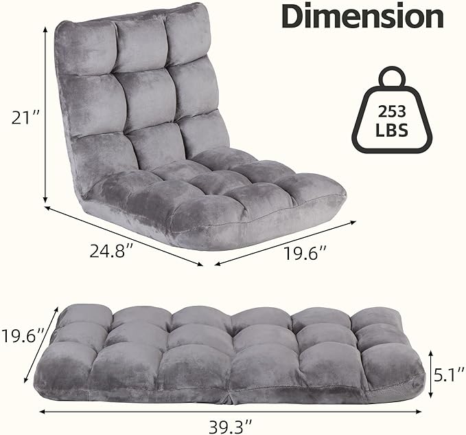 Epetlover 14-Position Adjustable Floor Gaming Chair Foldable Memory Foam Armless Sofa Seat Couch Recliner with Comfy Back Support for Working Meditation Reading, Grey