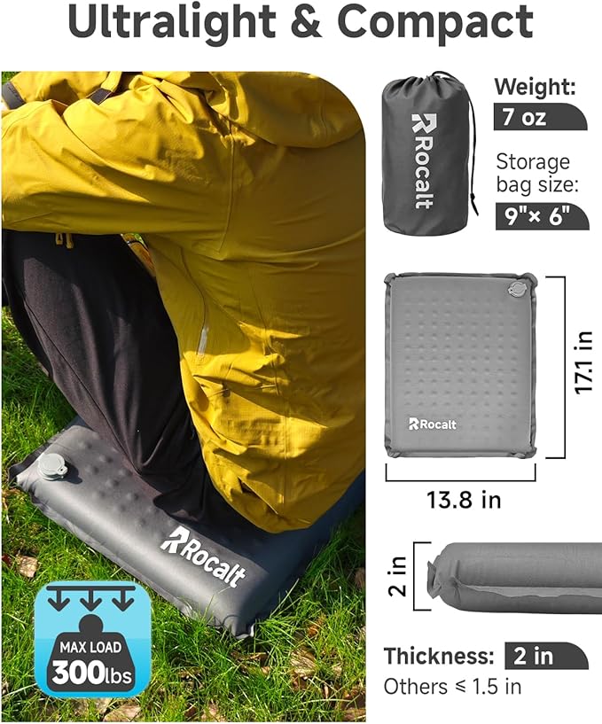 Rocalt Portable Seat Cushion and 2-in-1 Foldable Stool with Carry Bag, Self-Inflating Travel Cushion for Camping, Stadiums, Beach, Hiking | Lightweight, Waterproof, Durable Outdoor Seating Set